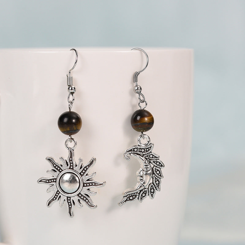 Creative asymmetric left and right star and moon earrings best-selling accessories silver obsidian jewelry