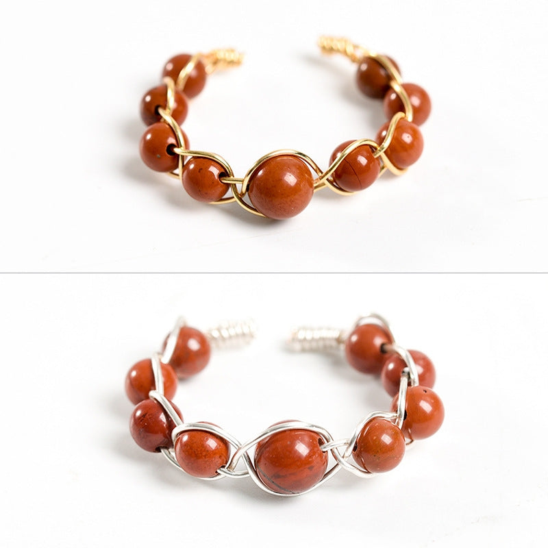 Hand-woven natural rice beads and copper wire rings