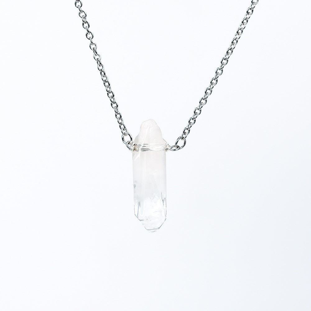 Natural white crystal column pendant wrapped around silk pink white irregular stone necklace accessories