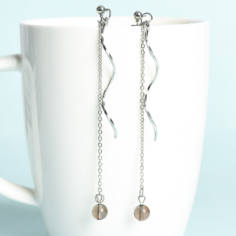 Natural crystal ball beads silver wave earrings creative simple and elegant handmade earrings