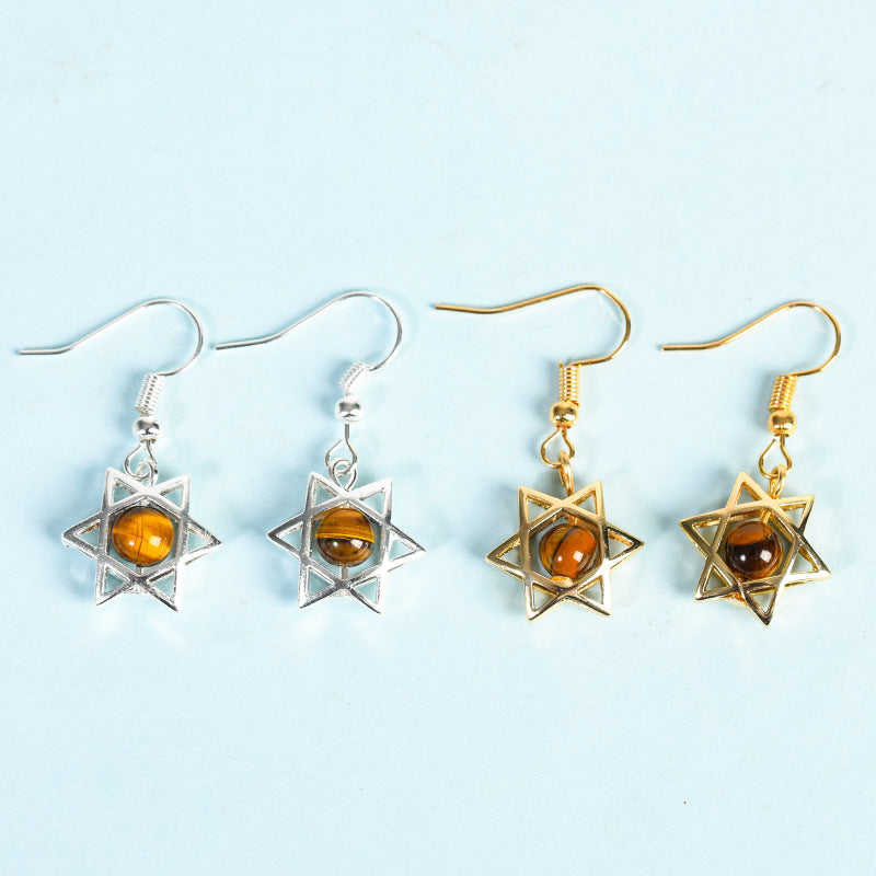 Natural crystal raw stone earrings, cute six-pointed star earrings, temperament, personality and sweet earrings