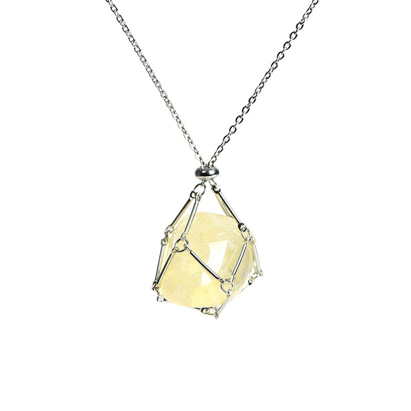 Metal net pocket crystal pendant wrapped around silk pink white irregular stone necklace accessories