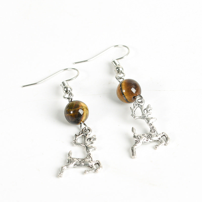 Natural crystal gravel round spherical deer round bead earrings, temperament, personality and sweet earrings